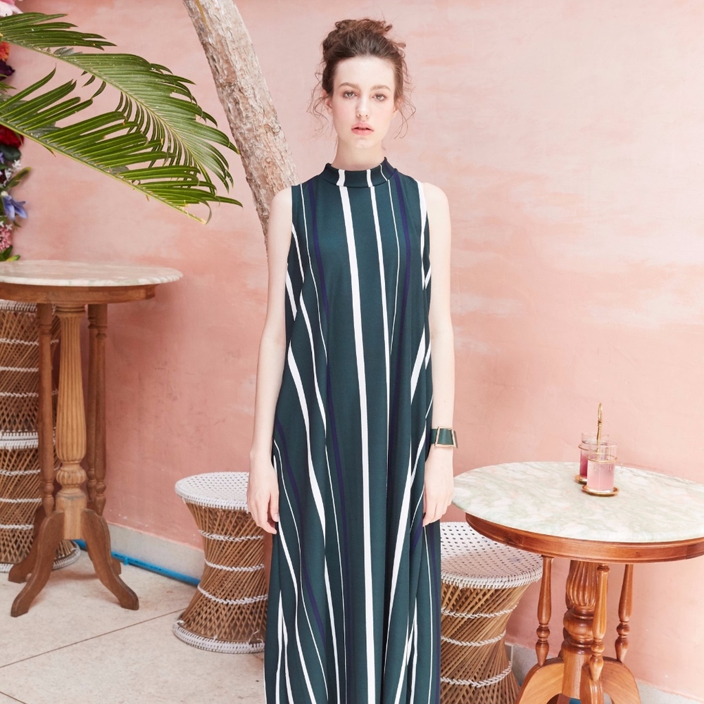 Sleeveless Maxi dress - Long Strip - Green